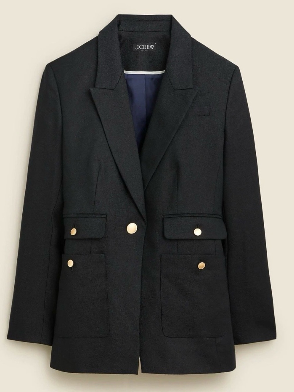 JCrew Vivienne Blazer Black Stretch Linen Blend Gold Button Jacket BZ861 Size 14